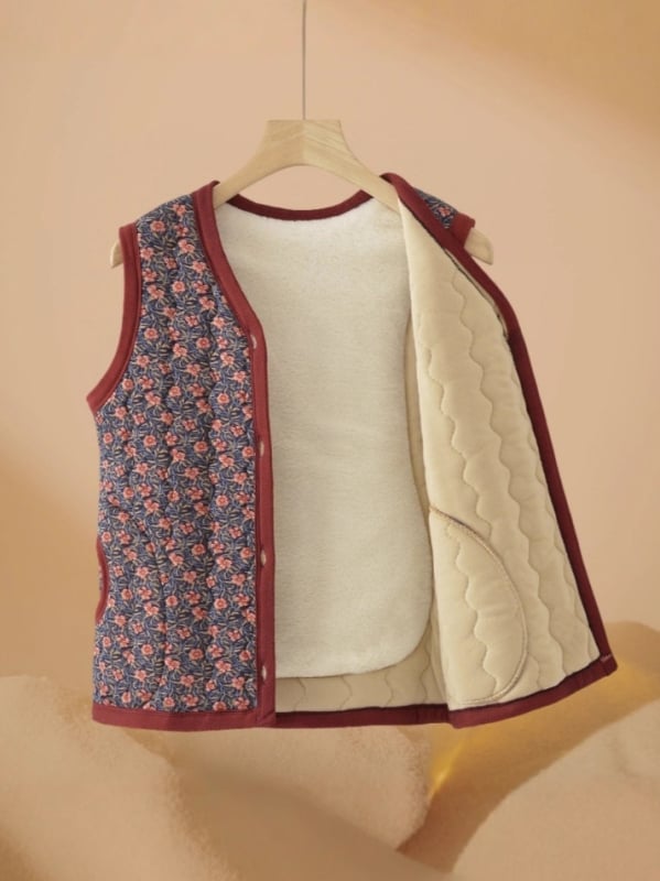 Vesta za starije žene s baršunastom podstavom, topla za jesen/zimu, bez ovratnika, floralni uzorak, duljina 50-65 cm, poliester materijal