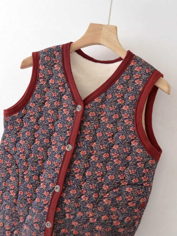 Vesta za starije žene s baršunastom podstavom, topla za jesen/zimu, bez ovratnika, floralni uzorak, duljina 50-65 cm, poliester materijal