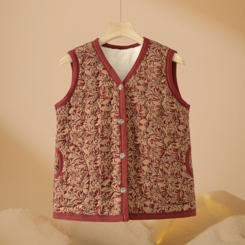 Vesta za starije žene s baršunastom podstavom, topla za jesen/zimu, bez ovratnika, floralni uzorak, duljina 50-65 cm, poliester materijal