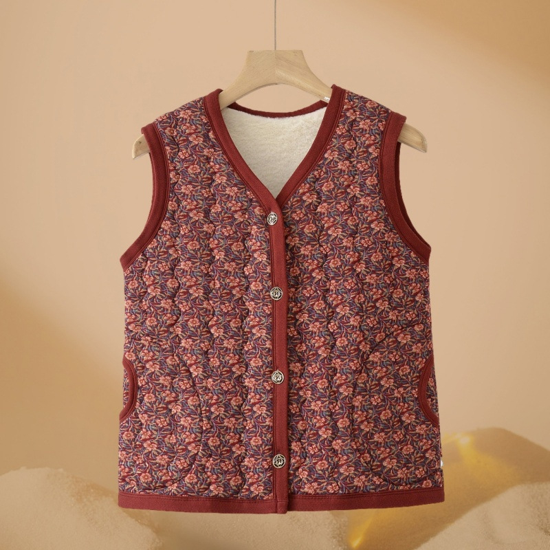 Vesta za starije žene s baršunastom podstavom, topla za jesen/zimu, bez ovratnika, floralni uzorak, duljina 50-65 cm, poliester materijal