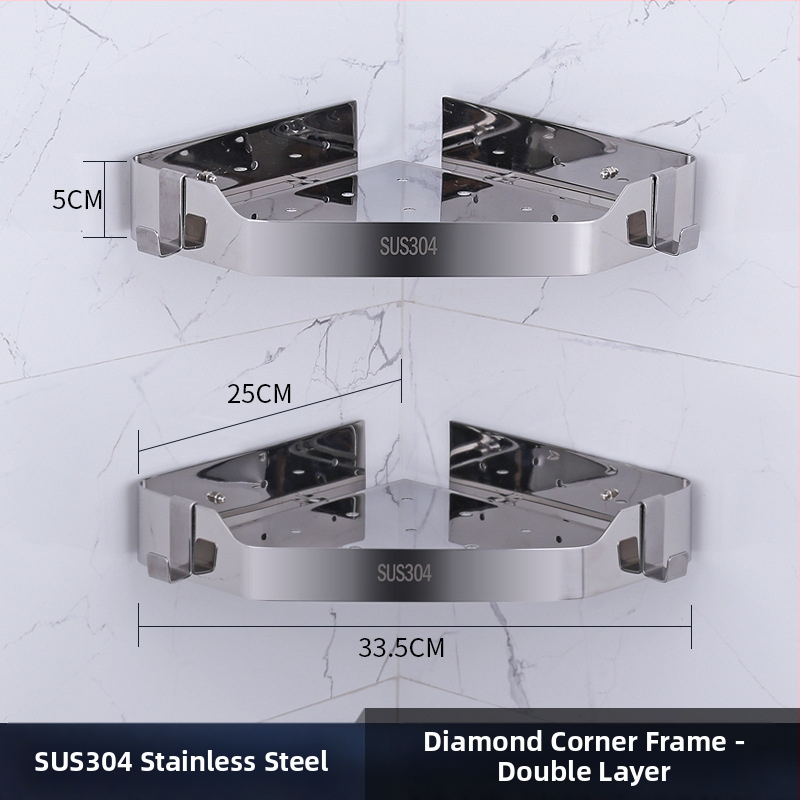 Raft de colț pentru baie, oțel inoxidabil, finisaj lucios, 2 etaje, modelul 750, capacitate de încărcare 10