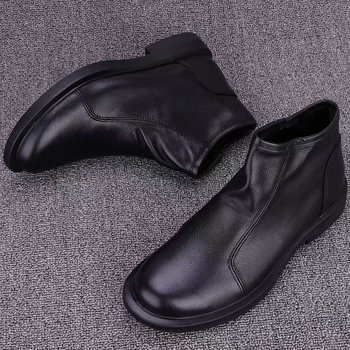 Férfi első réteg marhabőr bőrcsizma, gumitalp, oldalsó cipzár, légáteresztő, téli