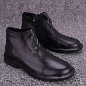 Férfi első réteg marhabőr bőrcsizma, gumitalp, oldalsó cipzár, légáteresztő, téli