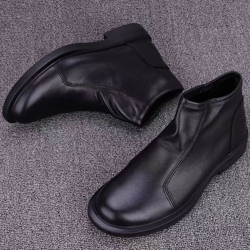 Férfi első réteg marhabőr bőrcsizma, gumitalp, oldalsó cipzár, légáteresztő, téli