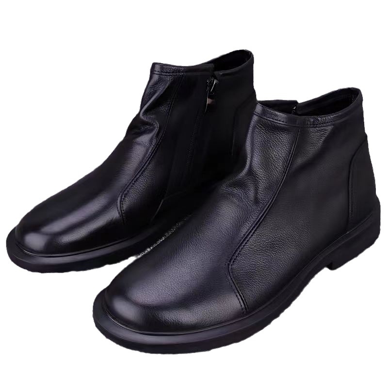 Férfi első réteg marhabőr bőrcsizma, gumitalp, oldalsó cipzár, légáteresztő, téli