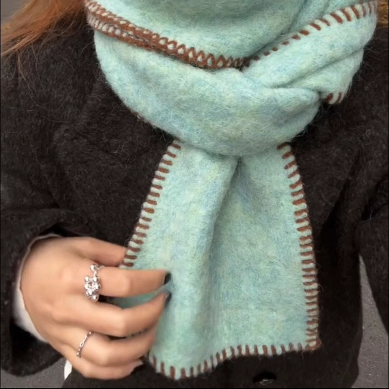 Женски зимен шал от вълна, корейски стил, контрастен кант, тъкане Warp knitting