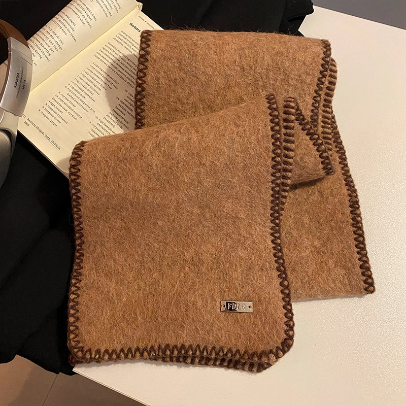 Женски зимен шал от вълна, корейски стил, контрастен кант, тъкане Warp knitting