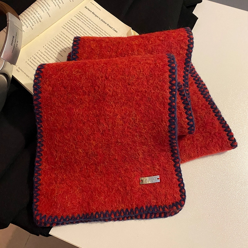 Женски зимен шал от вълна, корейски стил, контрастен кант, тъкане Warp knitting