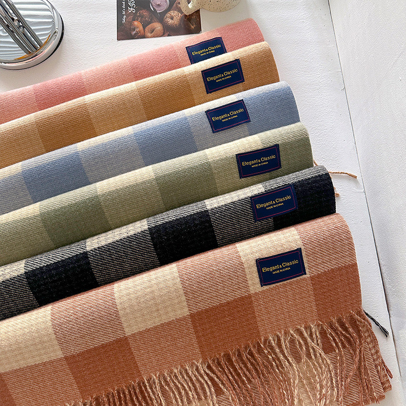 Dvostrani karirani šal za žene, zimski korejski stil, s resicama (Materijal: poliester vlakna; Pletenje: warp knitting; Uzorak: karirani; Obrada: žakard; Zadržava toplinu)