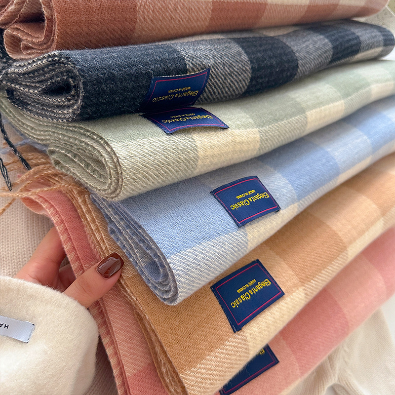 Dvostrani karirani šal za žene, zimski korejski stil, s resicama (Materijal: poliester vlakna; Pletenje: warp knitting; Uzorak: karirani; Obrada: žakard; Zadržava toplinu)