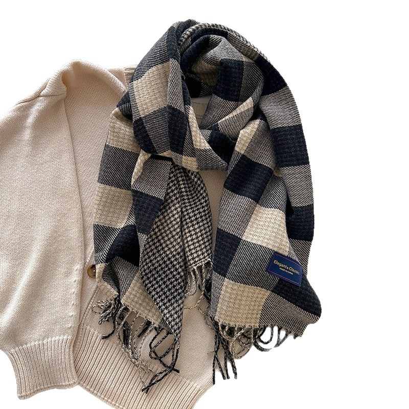 Dvostrani karirani šal za žene, zimski korejski stil, s resicama (Materijal: poliester vlakna; Pletenje: warp knitting; Uzorak: karirani; Obrada: žakard; Zadržava toplinu)