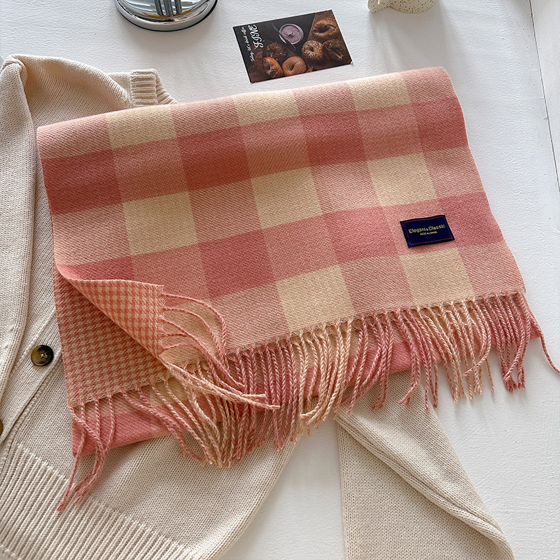 Dvostrani karirani šal za žene, zimski korejski stil, s resicama (Materijal: poliester vlakna; Pletenje: warp knitting; Uzorak: karirani; Obrada: žakard; Zadržava toplinu)