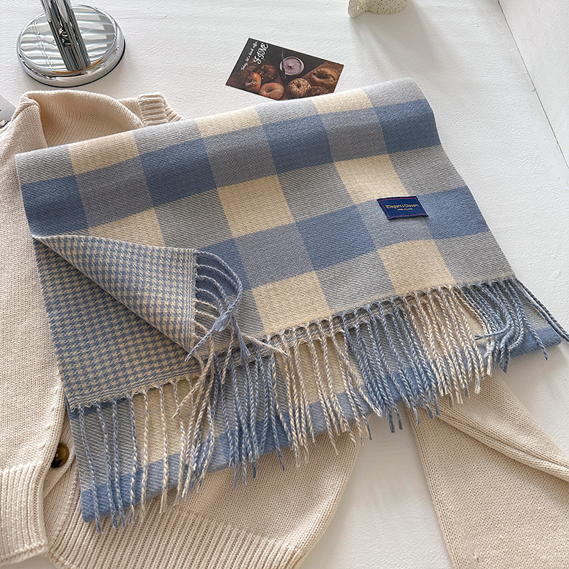 Dvostrani karirani šal za žene, zimski korejski stil, s resicama (Materijal: poliester vlakna; Pletenje: warp knitting; Uzorak: karirani; Obrada: žakard; Zadržava toplinu)