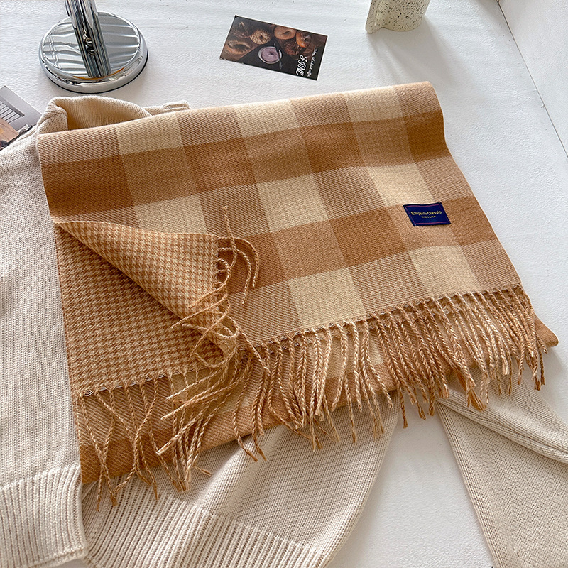 Dvostrani karirani šal za žene, zimski korejski stil, s resicama (Materijal: poliester vlakna; Pletenje: warp knitting; Uzorak: karirani; Obrada: žakard; Zadržava toplinu)