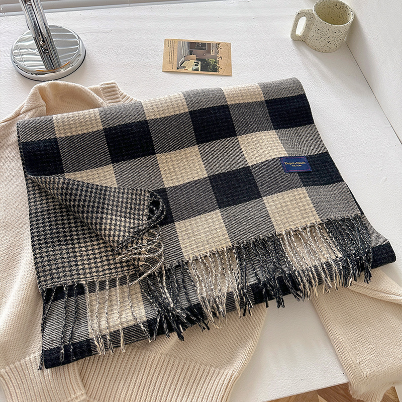 Dvostrani karirani šal za žene, zimski korejski stil, s resicama (Materijal: poliester vlakna; Pletenje: warp knitting; Uzorak: karirani; Obrada: žakard; Zadržava toplinu)
