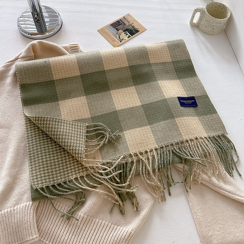 Dvostrani karirani šal za žene, zimski korejski stil, s resicama (Materijal: poliester vlakna; Pletenje: warp knitting; Uzorak: karirani; Obrada: žakard; Zadržava toplinu)
