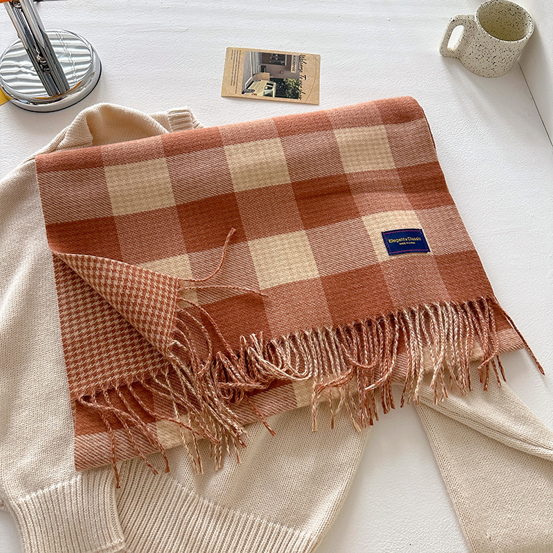 Dvostrani karirani šal za žene, zimski korejski stil, s resicama (Materijal: poliester vlakna; Pletenje: warp knitting; Uzorak: karirani; Obrada: žakard; Zadržava toplinu)