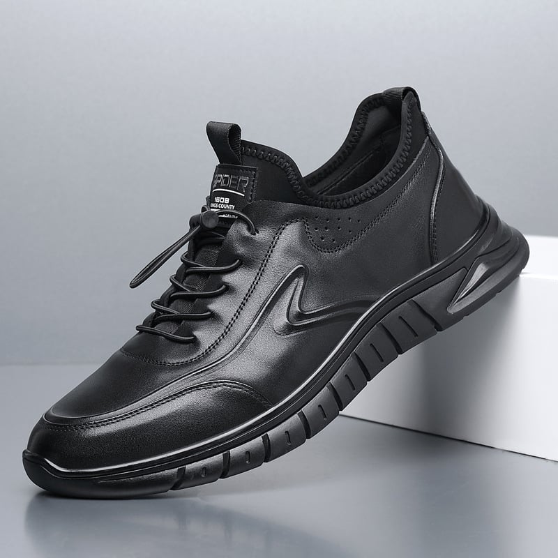 Férfiaknak szóló mindennapi bőr Slip-On cipő, első osztályú bikabőr felső, gumitalp, kerek orr, csúszásmentes és ütéscsillapító tulajdonság, belső bélés sertésbőrből