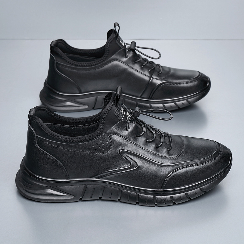 Férfiaknak szóló mindennapi bőr Slip-On cipő, első osztályú bikabőr felső, gumitalp, kerek orr, csúszásmentes és ütéscsillapító tulajdonság, belső bélés sertésbőrből