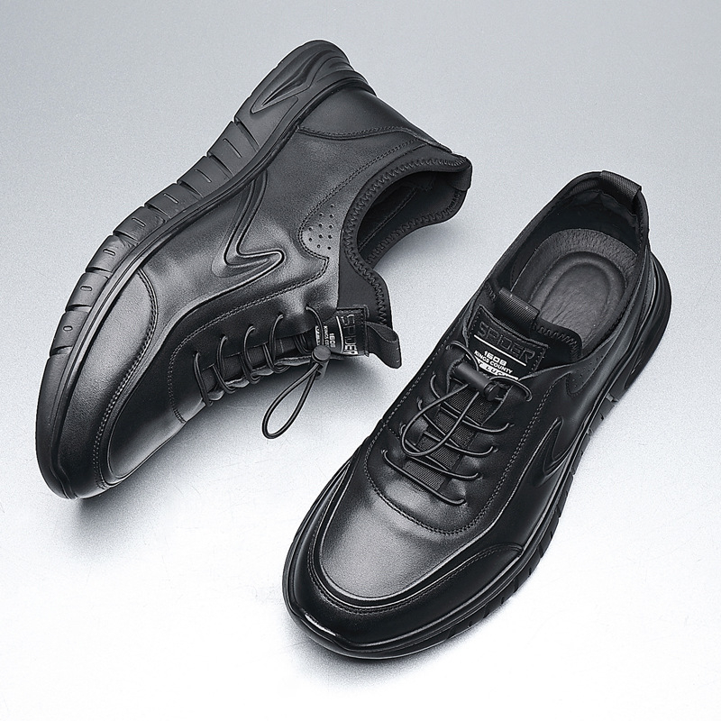 Férfiaknak szóló mindennapi bőr Slip-On cipő, első osztályú bikabőr felső, gumitalp, kerek orr, csúszásmentes és ütéscsillapító tulajdonság, belső bélés sertésbőrből