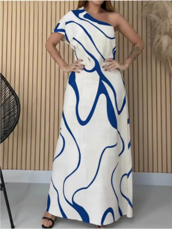 Haljina s jednim ramenom, apstraktni otisak, elegantan uski kroj, duga haljina (polyester; visok pas; bez rukava; slobodan kroj)
