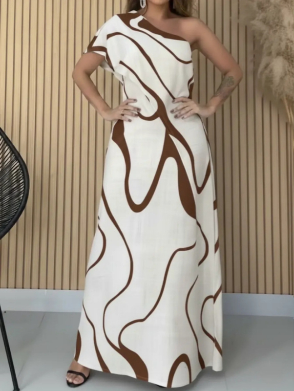 Haljina s jednim ramenom, apstraktni otisak, elegantan uski kroj, duga haljina (polyester; visok pas; bez rukava; slobodan kroj)