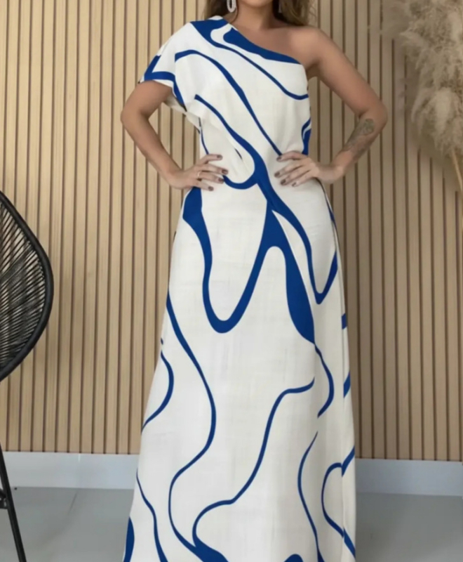 Haljina s jednim ramenom, apstraktni otisak, elegantan uski kroj, duga haljina (polyester; visok pas; bez rukava; slobodan kroj)