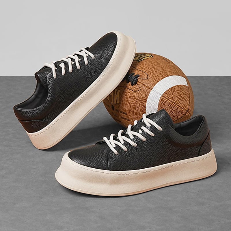 Férfi platformcipő első osztályú marhabőrből, fűzős zárás, gumitalpú, 3–5 cm-es vastag platform, kerek orrú