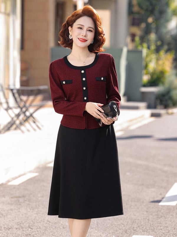 Dvodjelni set haljine s dugim rukavima za proljeće/jesen, poliester ≥95%, elegantan temperament