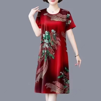 Haljina — Ice Silk, Poliester ≤30%, Ljeto 2025, Haljina s printom midi za žene srednje dobi, Ležerni stil