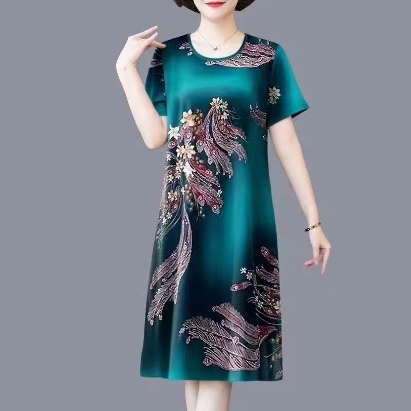 Haljina — Ice Silk, Poliester ≤30%, Ljeto 2025, Haljina s printom midi za žene srednje dobi, Ležerni stil