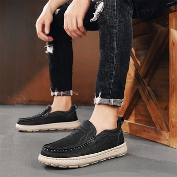 Férfi mindennapi slip-on cipő, Super fiber felsőrész, kézzel varrt, gumitalp, kerek orr, PU talpbetét