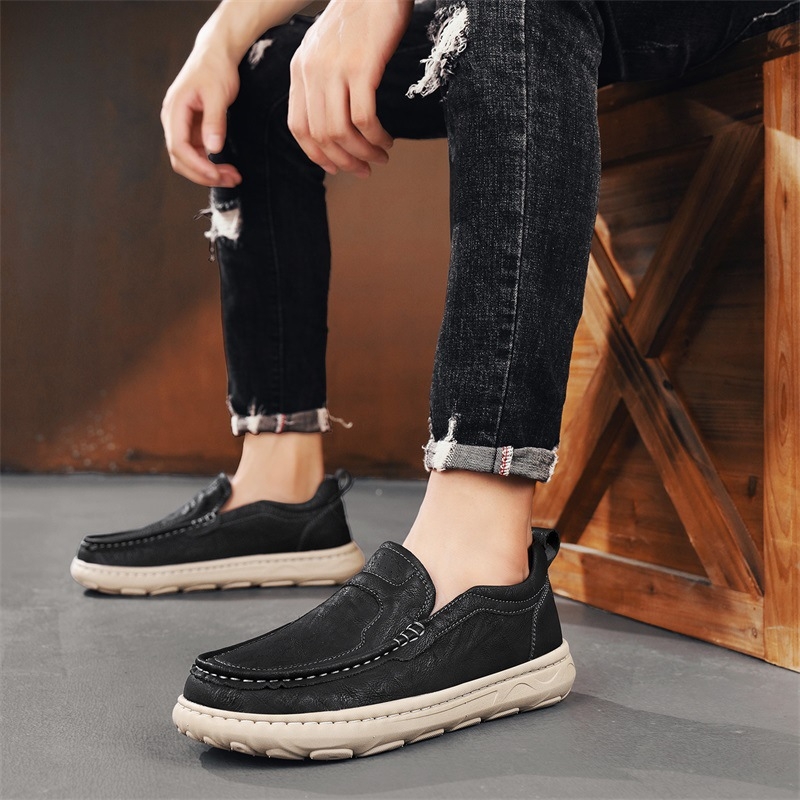 Férfi mindennapi slip-on cipő, Super fiber felsőrész, kézzel varrt, gumitalp, kerek orr, PU talpbetét