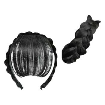 Perika s ribljim kostnim pletenicama i qi bangs, od jednoga komada, kosa od vlakana otpornih na toplinu, mehanička konstrukcija, za žene; nije za bojanje ili perm