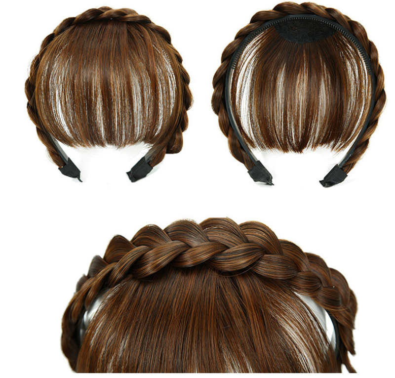 Perika s ribljim kostnim pletenicama i qi bangs, od jednoga komada, kosa od vlakana otpornih na toplinu, mehanička konstrukcija, za žene; nije za bojanje ili perm