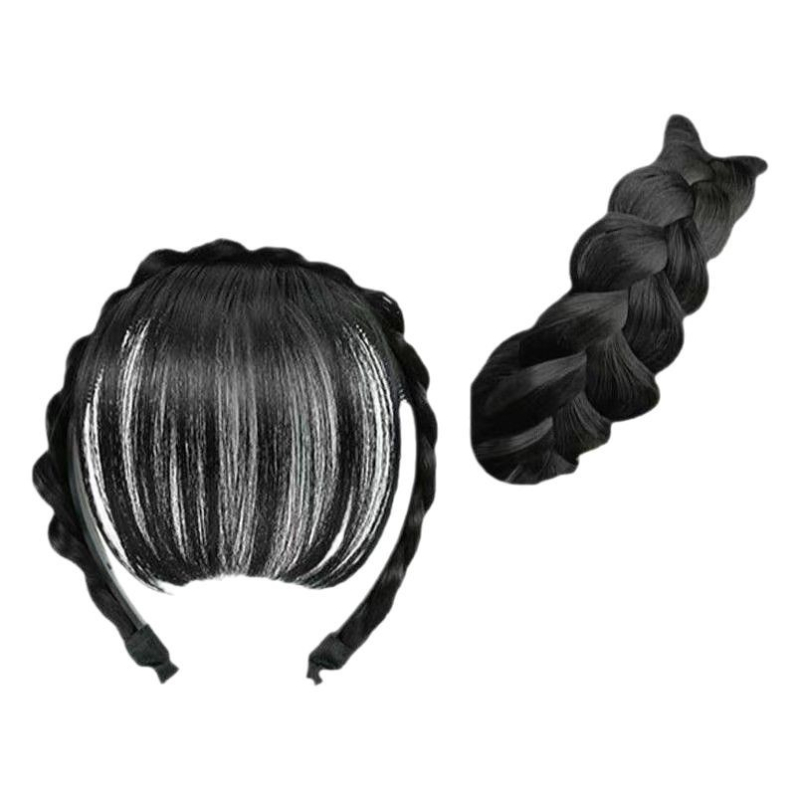 Perika s ribljim kostnim pletenicama i qi bangs, od jednoga komada, kosa od vlakana otpornih na toplinu, mehanička konstrukcija, za žene; nije za bojanje ili perm