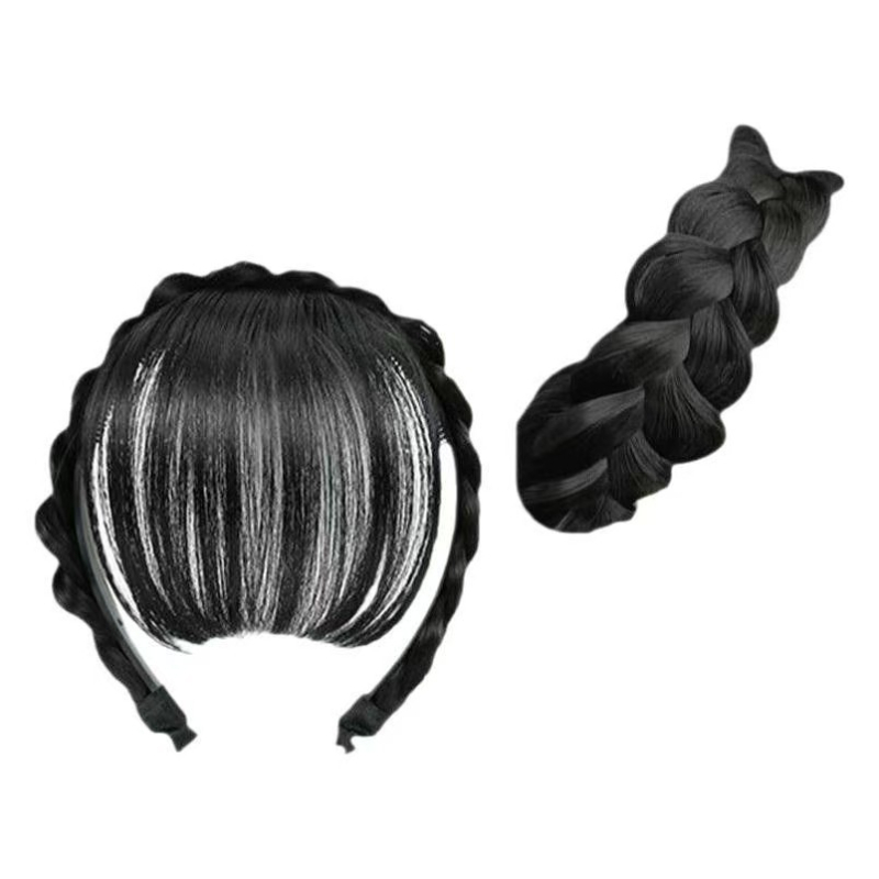 Perika s ribljim kostnim pletenicama i qi bangs, od jednoga komada, kosa od vlakana otpornih na toplinu, mehanička konstrukcija, za žene; nije za bojanje ili perm