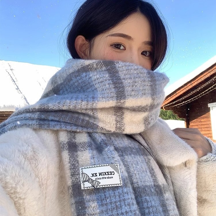 Шал за жена в синьо каре, warp knitting, запазва топлината, Зима 2025, полиестер