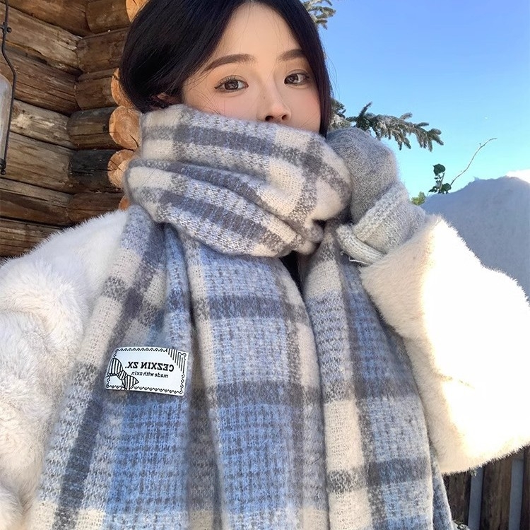 Шал за жена в синьо каре, warp knitting, запазва топлината, Зима 2025, полиестер