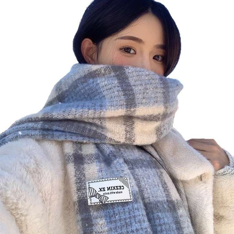 Шал за жена в синьо каре, warp knitting, запазва топлината, Зима 2025, полиестер