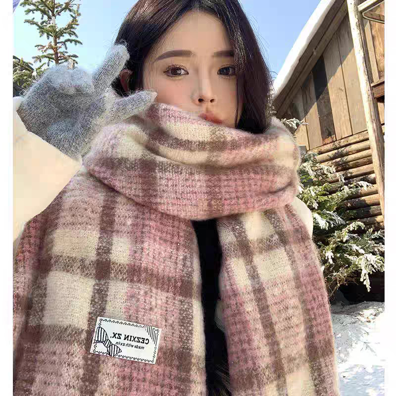 Шал за жена в синьо каре, warp knitting, запазва топлината, Зима 2025, полиестер