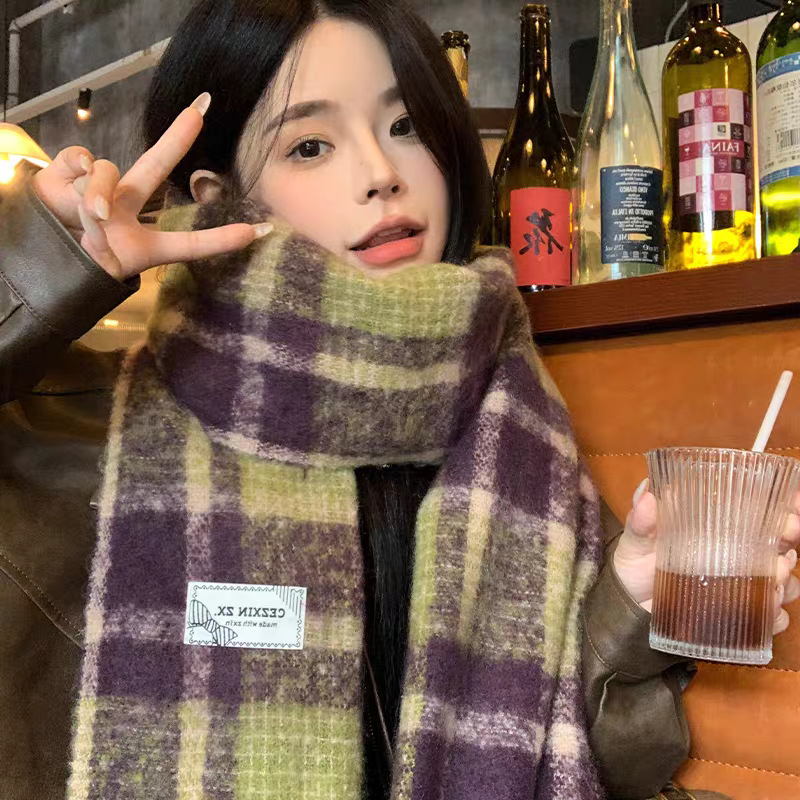 Шал за жена в синьо каре, warp knitting, запазва топлината, Зима 2025, полиестер