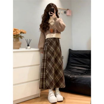 Плетен комплект рокля и пуловер с дълга пола, китайски стил, литературно ретро, пролет 2025, TR тъкан, PVC до 30%