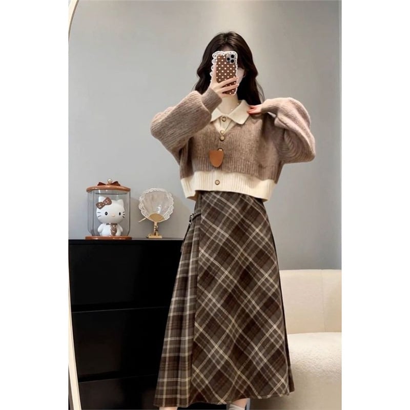 Плетен комплект рокля и пуловер с дълга пола, китайски стил, литературно ретро, пролет 2025, TR тъкан, PVC до 30%