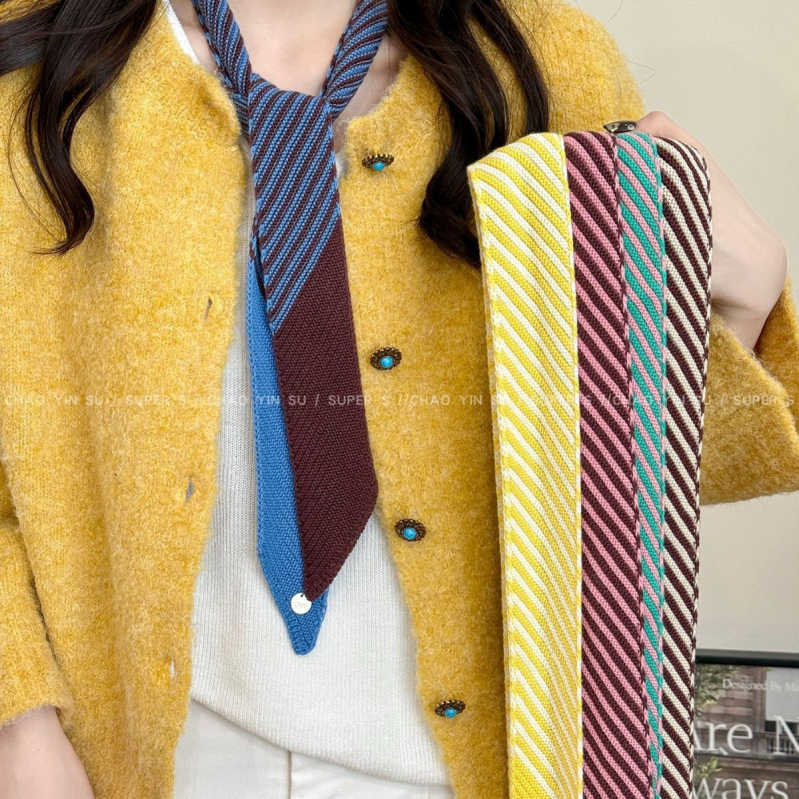 Шал – корейски плетен тънък ивици дизайн, вълна, есен 2025, базов стил