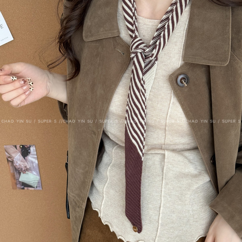 Шал – корейски плетен тънък ивици дизайн, вълна, есен 2025, базов стил