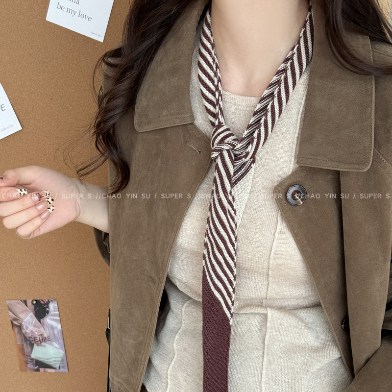Шал – корейски плетен тънък ивици дизайн, вълна, есен 2025, базов стил