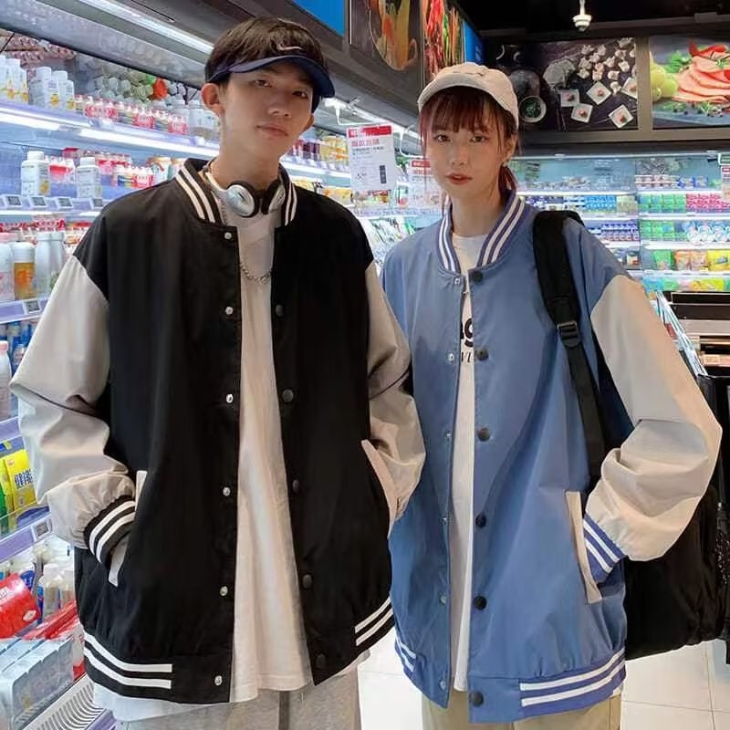 Férfi baseball dzseki, Street Tide stílus, álló gallér, egyrészes gombos záródás, pamut-poliészter szövetszövet poliészter béléssel