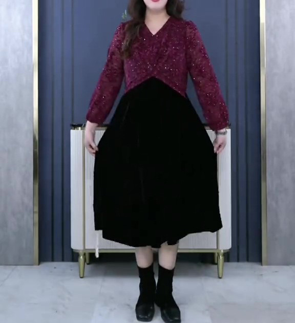 Csipke jacquard részletekkel ellátott chiffon ruha, fő anyag poliészter 90-95%, másodlagos <30%, hossz 99 cm, gyűrődő textúra, elegáns stílus, Kapok Forest márka