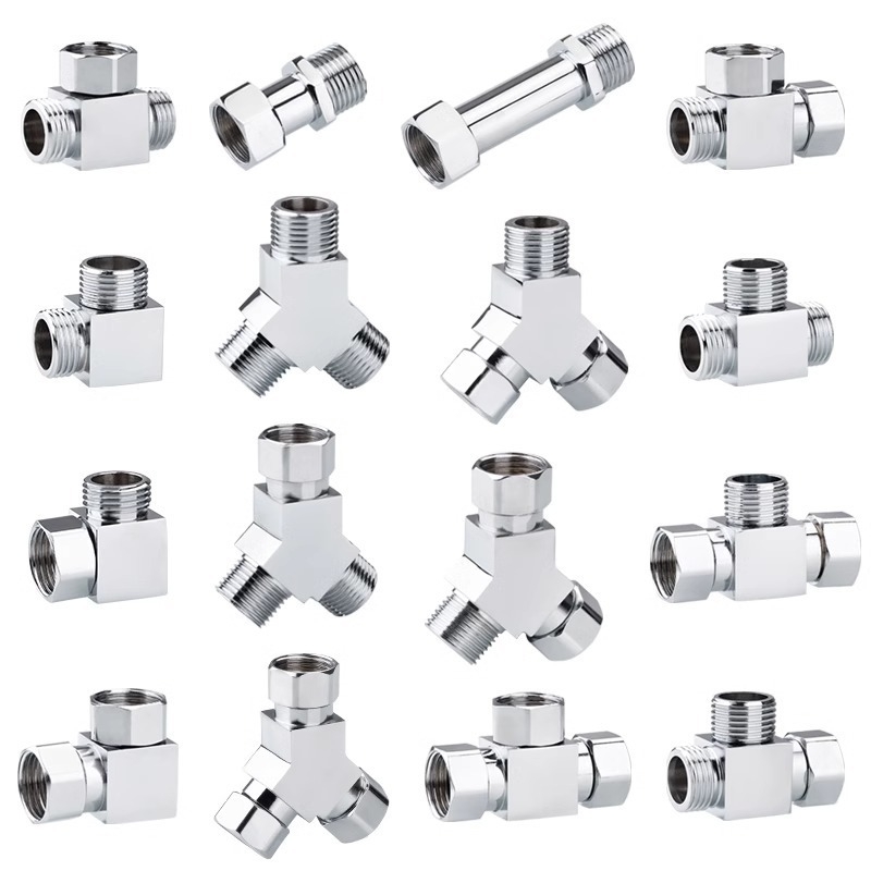 Bakarni troputni kutni ventil za distribuciju vode, ulaz 1, izlaz 2, spoj s četiri točke, 100°C, galvanizirani površinski premaz, okretna instalacija